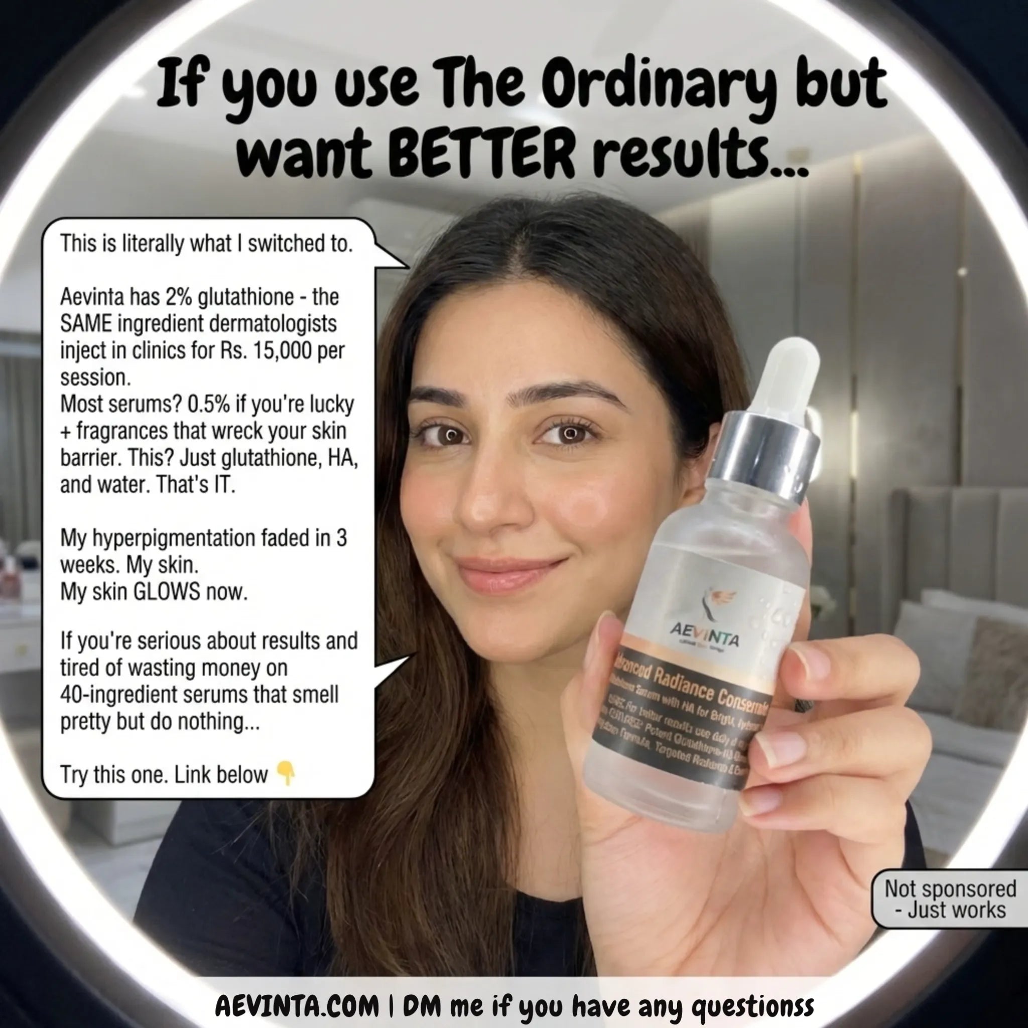 Woman applying Aevinta glutathione serum for glowing skin